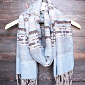 Powder Blue Southwestern Blanket Tassel Scarf 27x71” Big Cozy Scarf Stripes